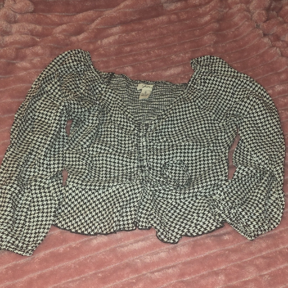 Houndstooth Long-Sleeve Ruched Camisole